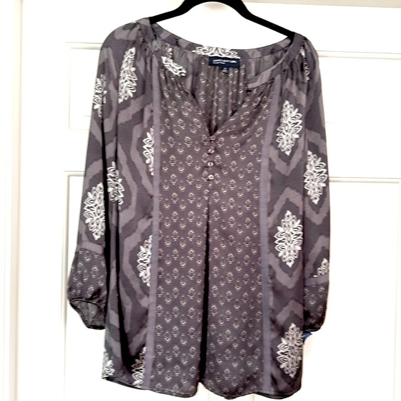 Blouse Mixed Media Pattern Top Tunic Peasant 3/4 Sleeves Cool Gray Hue Medium - Picture 3 of 8